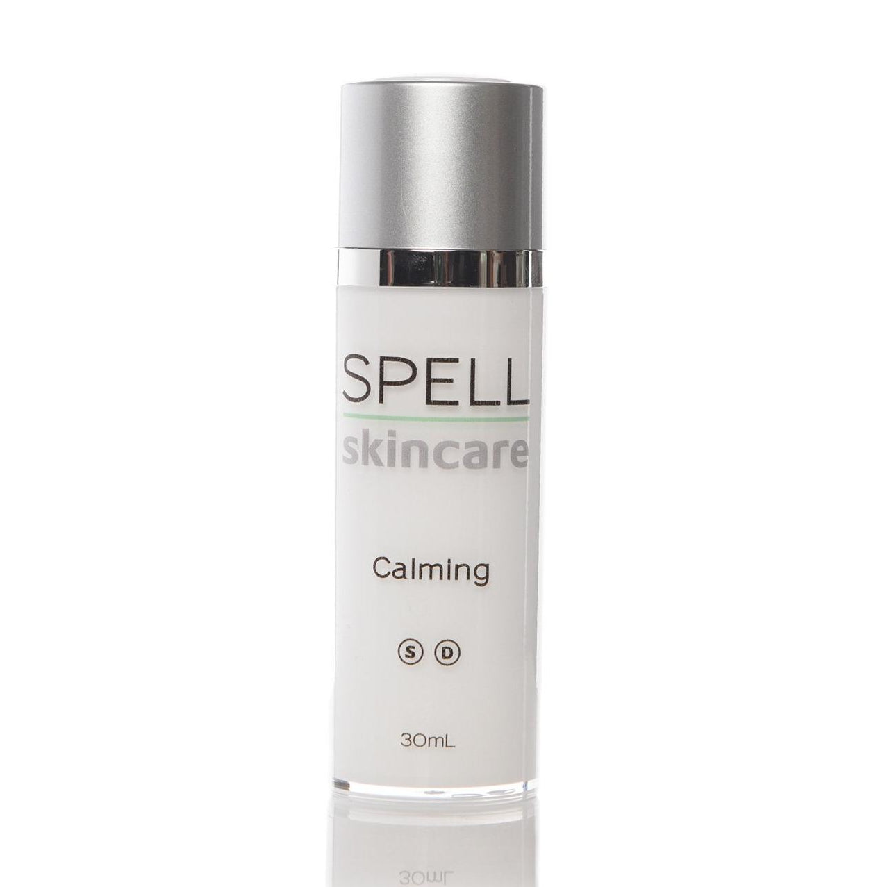 Spell skincare white bottle of Calming with silver top on white background